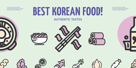 Best Korean Food Authentic Tastes Placard Poster Invitation Banner Card with Different Dishes. Vector illustration