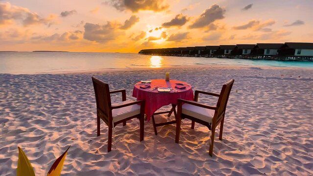 Romantic sunset dinner on the beach. Summer love, romance date on vacation concept, Bora Bora Generative AI