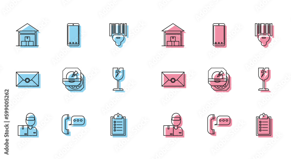 Poster set line delivery man with cardboard boxes, warehouse, verification of delivery list clipboard, pizz