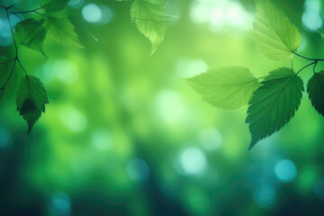 Fototapeta na wymiar Fresh and green leaves green bokeh on blurred green background. Mock up. Generative AI