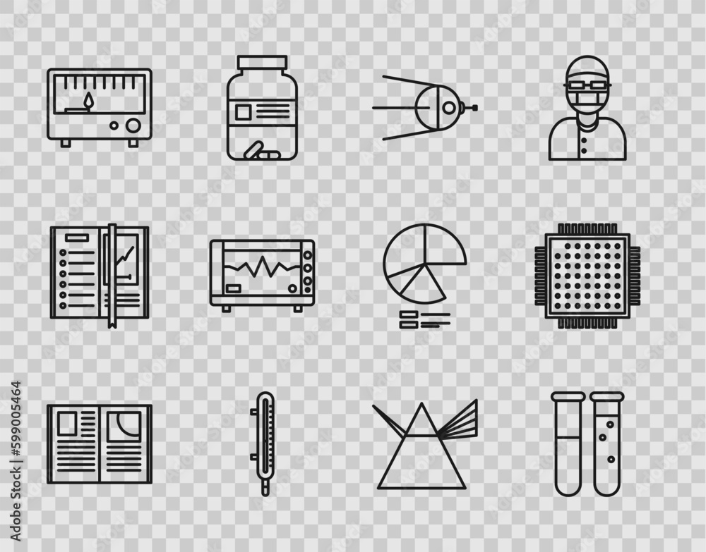 Poster set line open book, satellite, meteorology thermometer measuring, electrical instruments, computer m