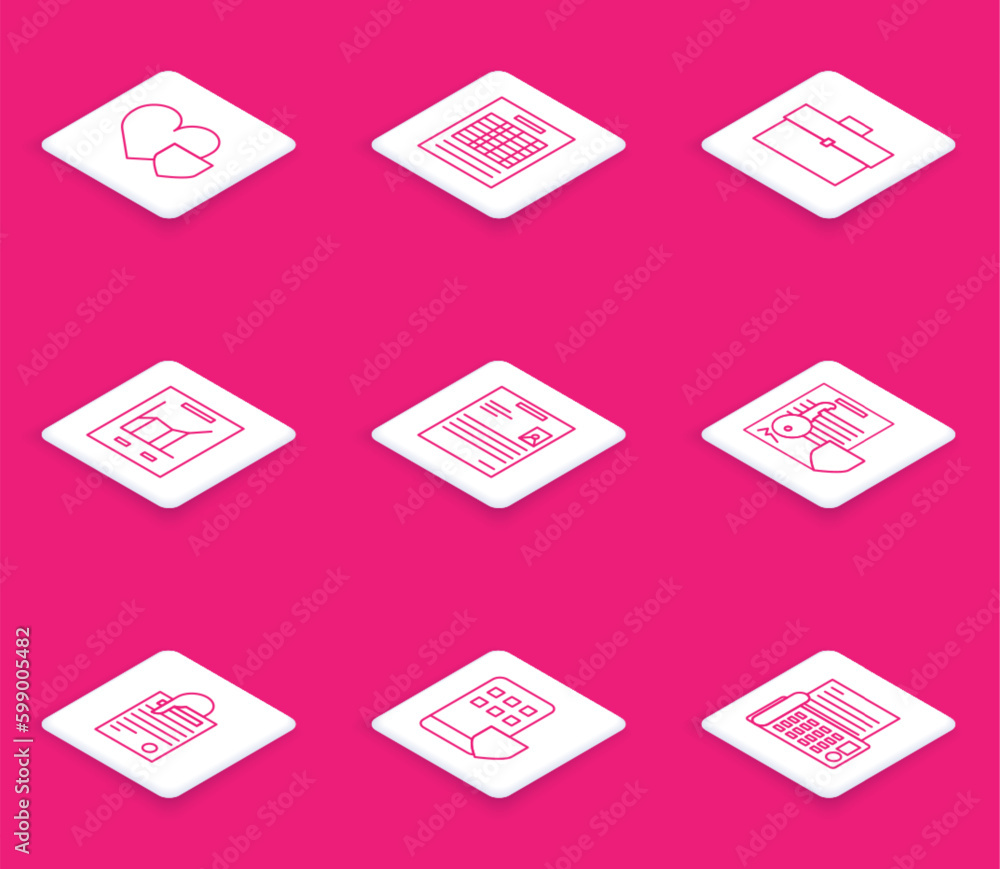 Poster set line heart with shield, report file document, briefcase, document graph chart, personal, key, fi