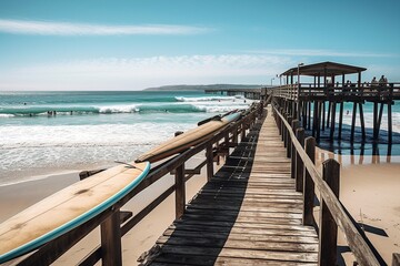 Obraz premium California Beach View, Wooden Pier, Surfboards on Sand, Surfers Riding Waves, Coastal Adventure, Generative AI