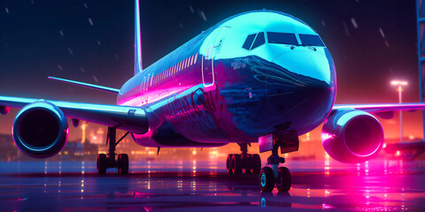 an airplane is on the runway in front of colorful lights
