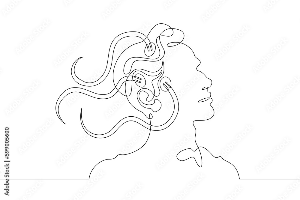 Poster one continuous line. neuroimplants. brain implants. bald man with wires in his head. neurochip. wire
