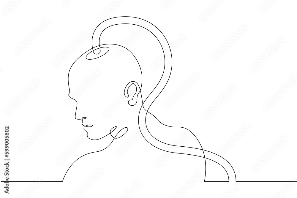 Poster one continuous line. neuroimplants. brain implants. bald man with wires in his head. neurochip. wire