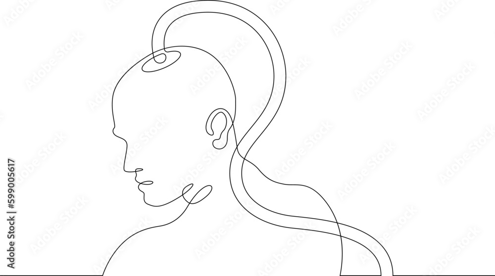 Poster one continuous line. neuroimplants. brain implants. bald man with wires in his head. neurochip. wire