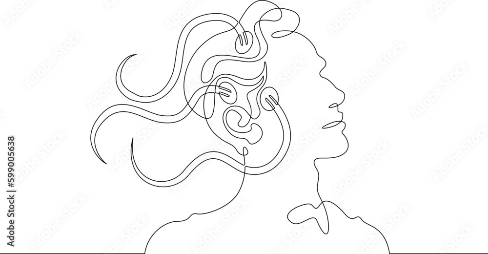 Poster one continuous line. neuroimplants. brain implants. bald man with wires in his head. neurochip. wire