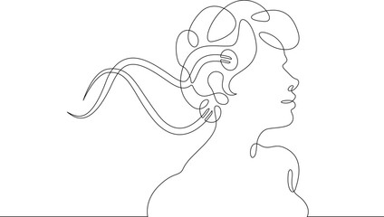 One continuous line. Neuroimplants. Brain implants. Bald woman with wires in his head. Neurochip. Wires connected to head of bald woman.One continuous line drawn isolated, white background.
