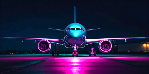 a bright coloured airplane landing in a runway with colorful lights on