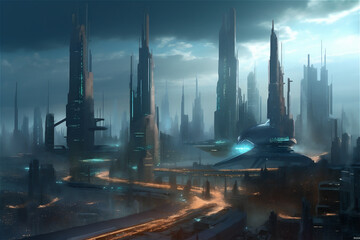 Futuristic mega city with tall buildings. AI generated content