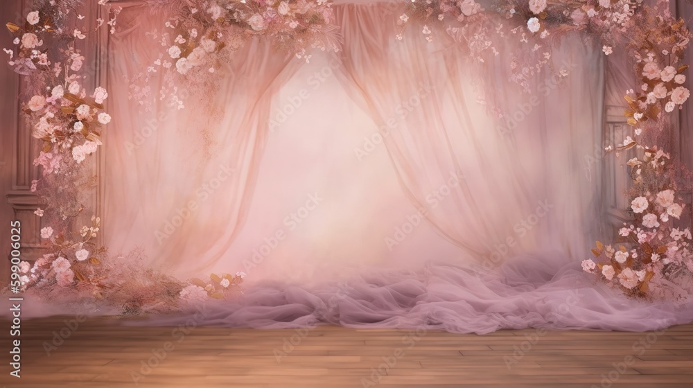 Poster a depiction of a stage complete with a backdrop and some flowers generative ai