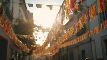 Fototapeta premium Festa junina colorful decorations. south american party. Festas Juninas theme, with little flags and sunny day. ai generated illustration