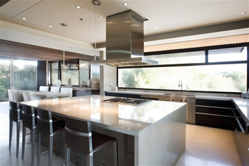 Fototapeta na wymiar modern Kitchen in a new luxury home with an island and wood cabinets. AI generated content