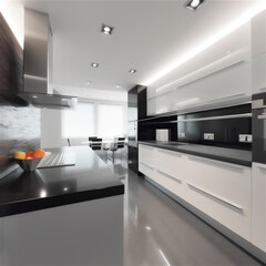 modern Kitchen in a new luxury home with dark surface and white cabinets. AI generated content