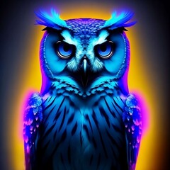 A blue owl with a blue face and yellow eyes, in neon night light, dramatic colors, AI-Generated