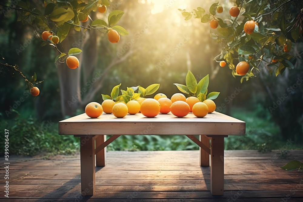 Poster a table made of wood with several oranges piled on top of it generative ai