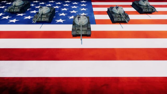 A platoon of military armored tanks advancing in a top-to-bottom direction across the American flag - seamless looping.