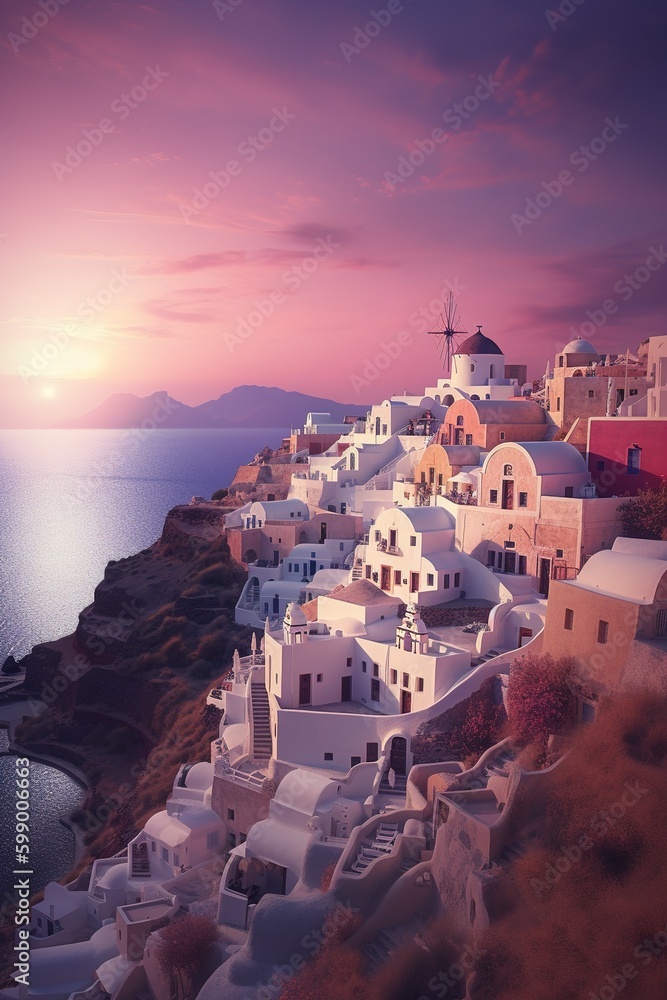 Poster a settlement perched on the edge of a cliff with a view of the ocean at sunset generative ai