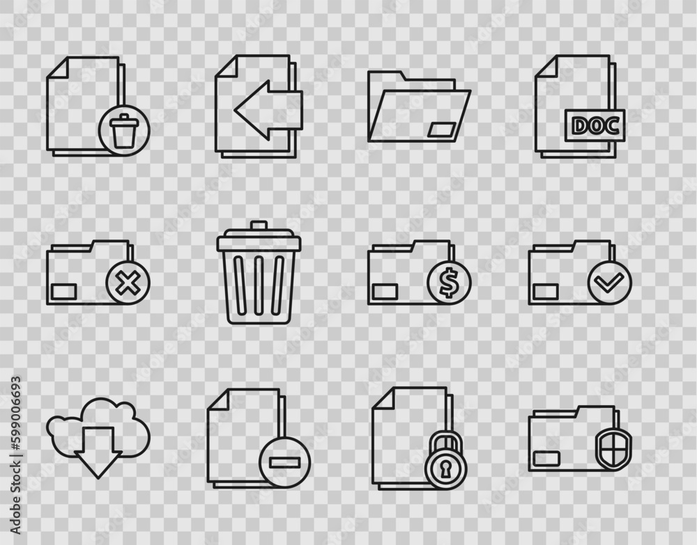 Poster set line cloud download, document folder protection, with minus, delete file document, trash can, an