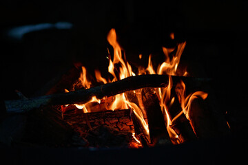 Close-up of a campfire. Fire burning brightly with a big yellow and orange flame in the dark....