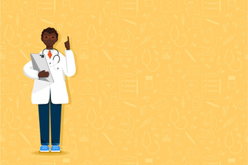 Doctor african cartoon character in full growth holding a clipboard on the background of medical instruments. Clip-art isolated on yellow background. Professional advice. medical concept