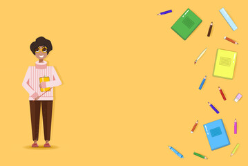 Vector banner with a teacher on a yellow background in a cartoon style with notebooks and pencils on the side.