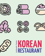 Authentic Tastes Korean Restaurant Placard Poster Invitation Banner Card Template Include of Bibimbap, Mandu and Gimbap. Vector illustration