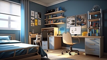 Obraz premium Boy's teenage bedroom, which is every guy's dream where he can have a little private life. Generative AI Technology 