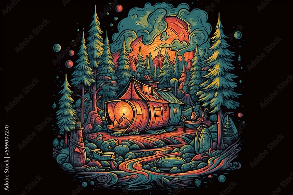 Poster a picture of a log home in the middle of the forest generative ai