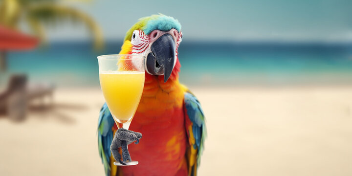 close up of a parrot with fresh juice on the beach, generative Ai