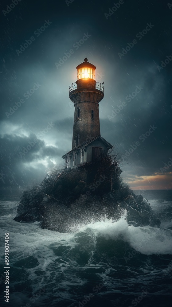 Poster a towering lighthouse standing guard in the midst of a raging sea generative ai