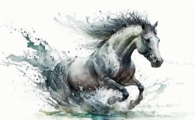Fototapeta na wymiar running horse in aquarelle style, ai generated