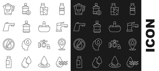 Set line Recycle clean aqua, Water drop with location, tap, Bottle of water glass, Big bottle, jug filter and Washbasin icon. Vector