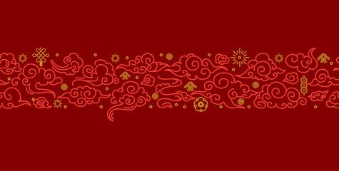 Asia Clouds Signs Thin Line Pattern on a Red Chinese Style. Vector illustration of Oriental Decoration for Web and App Design