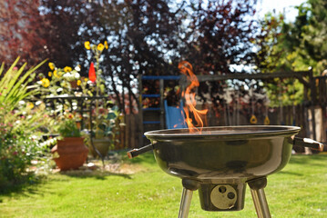 barbecue in the garden with green grass and sunflowers