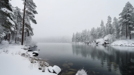 Obraz na płótnie Canvas Paisagem da floresta de pinheiros com neve coberta na beira do lago no inverno no parque nacional