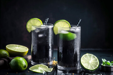 Fototapeta premium Cold Refreshing Indian Nimbu Soda with Black Salt and Lime. Close-up. Generative AI content