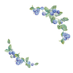 Round frame of watercolor illustrations of blueberry branches. Handmade work. Isolated