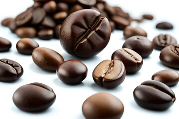 Side view of coffee beans on white background. Coffee shop or product promotional design concepts