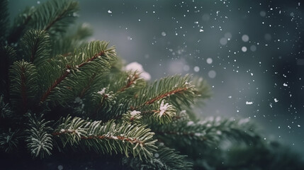 Fototapeta na wymiar Feliz Natal texto/saudações sobre um fundo fosco de galhos de zimbro perene e flocos de neve - modelo de cartão sazonal ou de férias