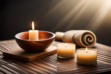A wooden meditation bowl and a set of candles arranged on a soft, cozy blanket
