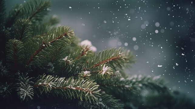 Feliz Natal texto/sauda&ccedil;&otilde;es sobre um fundo fosco de galhos de zimbro perene e flocos de neve - modelo de cart&atilde;o sazonal ou de f&eacute;rias
