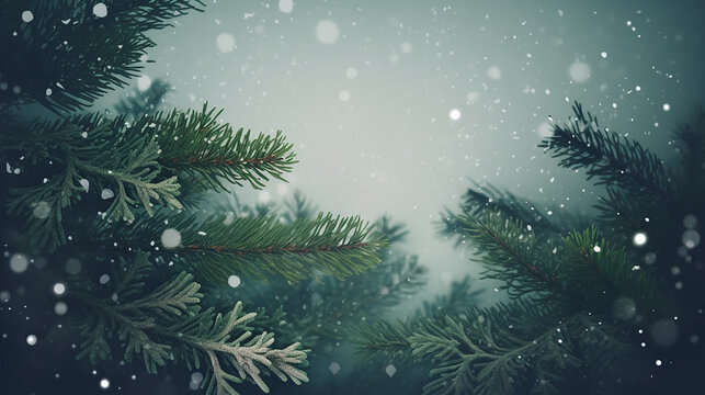 Feliz Natal texto/sauda&ccedil;&otilde;es sobre um fundo fosco de galhos de zimbro perene e flocos de neve - modelo de cart&atilde;o sazonal ou de f&eacute;rias