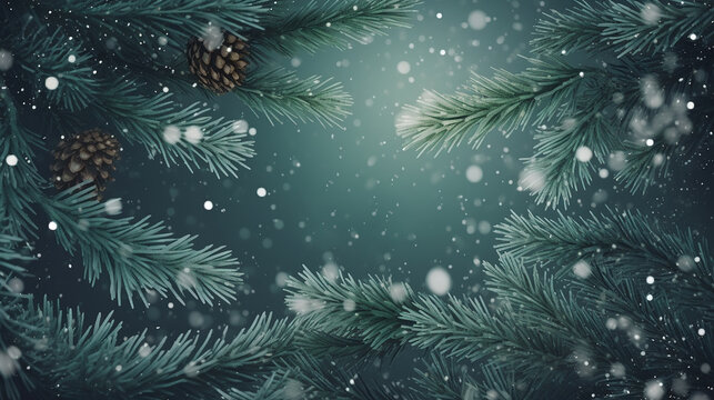 Feliz Natal texto/sauda&ccedil;&otilde;es sobre um fundo fosco de galhos de zimbro perene e flocos de neve - modelo de cart&atilde;o sazonal ou de f&eacute;rias