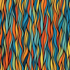 Abstract colorful seamless pattern with multicolored waves in red, blue, yellow, and green on a black background. Vector illustration. 
