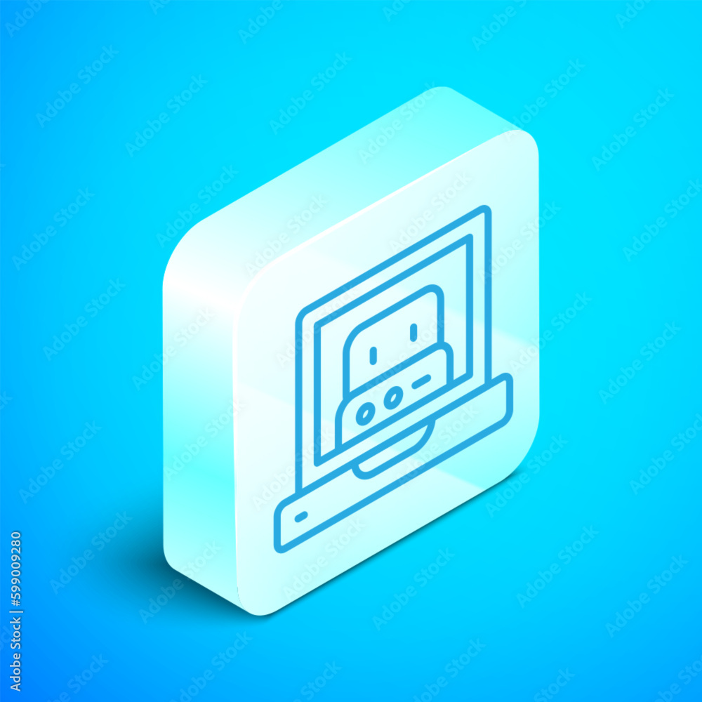 Poster isometric line creating robot icon isolated on blue background. artificial intelligence, machine lea
