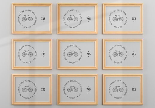 9 Wooden Frames Photo and Artwork 7x5 Mockup
