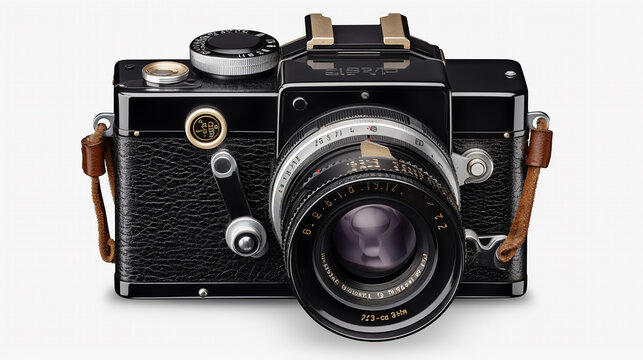 pequena câmera fotográfica analógica vintage com tira de couro preto, elemento de design isolado, perfeito para colagem ou cenas planas/vista superior, equipamento fotográfico antigo