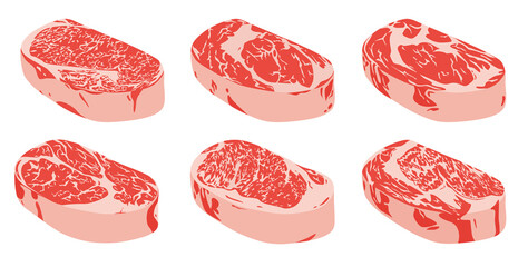 Raw wagyu sirloin steak isolated on background, Japanese beef steak poster Meat business logo typography template - shop, market, restaurant or design - banner vector illustration, sticker, menu.